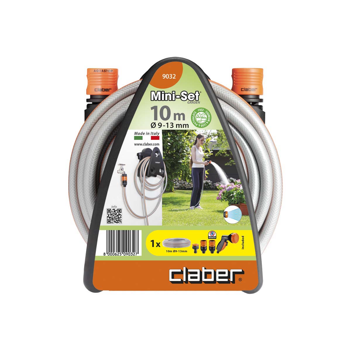 Claber MINI SET AVVOLGITUBO CLABER 9032 IRRIGAZIONE GIARDINO TUBO 10 MT DOCCIA RACCORDI 